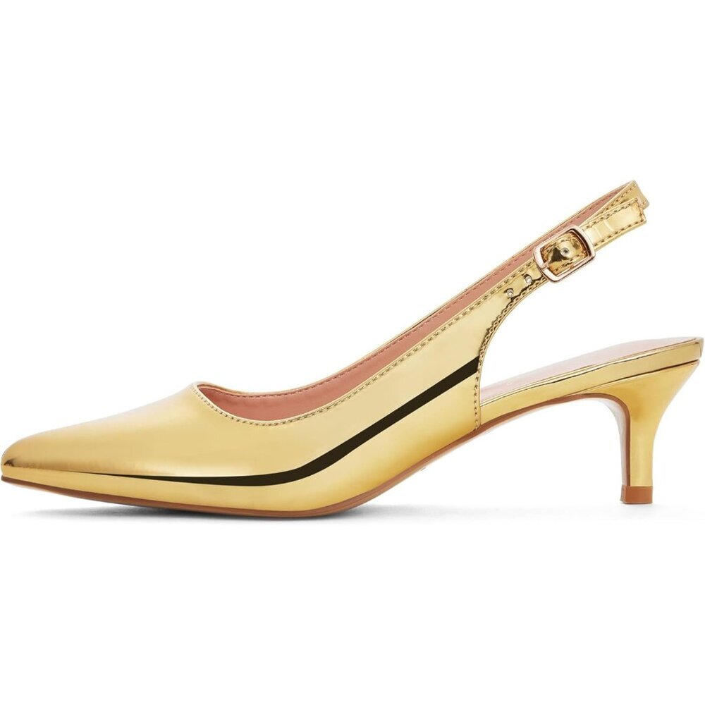 〽️Women Patent Gold Slingback Kitten Heel Pointed Toe Elegant Wedding Dress Pump